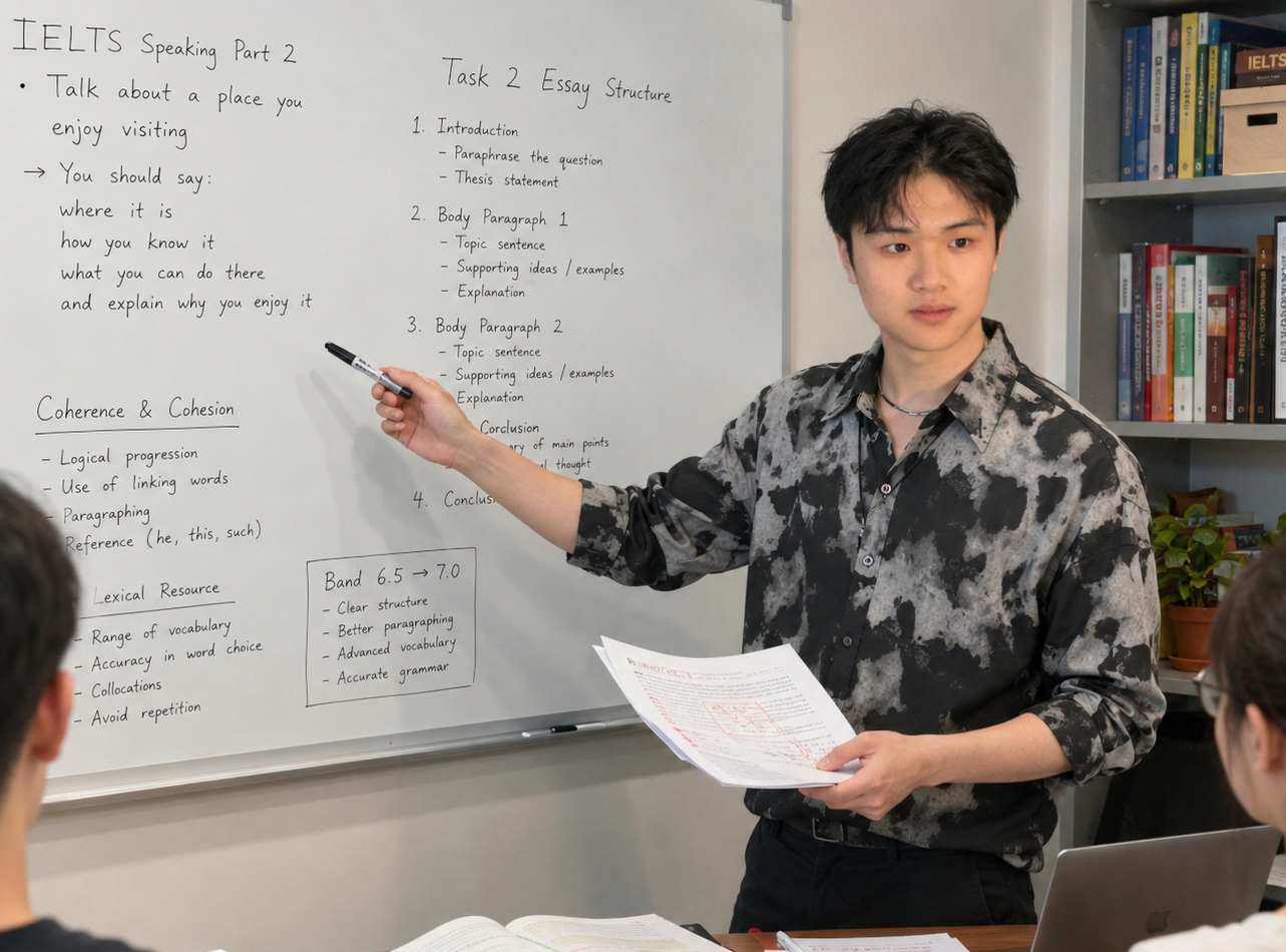 李壕冬在白板前讲解内容结构
